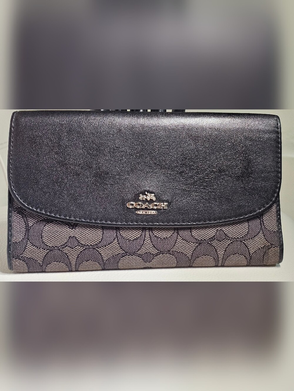 Coach Black Signature Canvas and Leather Wallet with Silver Logo